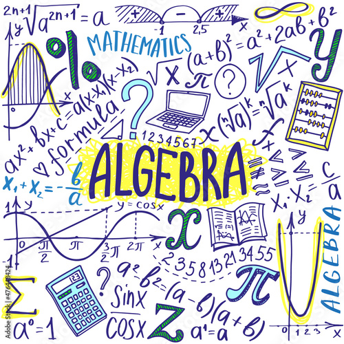 Maths symbols icon set. Algebra or mathematics subject doodle design. Education and study concept. Back to school sketchy background for notebook, not pad, sketchbook. Hand drawn illustration.