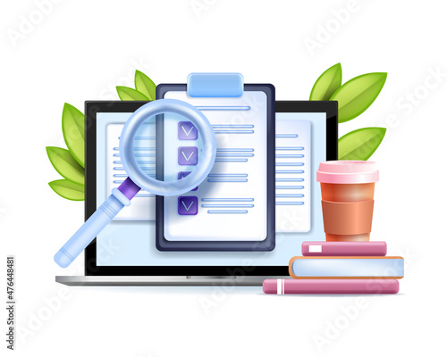 3D checklist on clipboard, vector online document paper, digital exam test, laptop screen, book, cup. Internet survey, questionnaire poll, checkbox icon education plan. 3D work checklist note on white