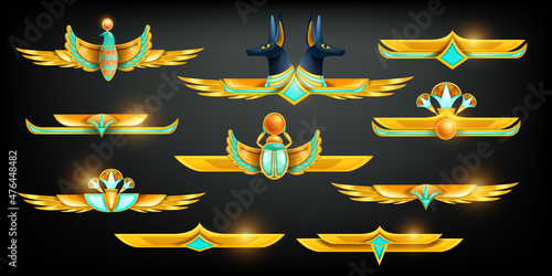 Egyptian game ornament border, vector golden UI frame set, Egypt treasure menu divider kit. Mythology Anubis sign, GUI vintage decor element, metal wings vintage separator. Egyptian border collection