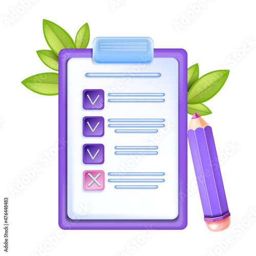 3D checklist icon, exam note form, vector clipboard document paper test illustration, checkbox on white. Customer questionnaire application, business planning concept. 3D project checklist clipart
