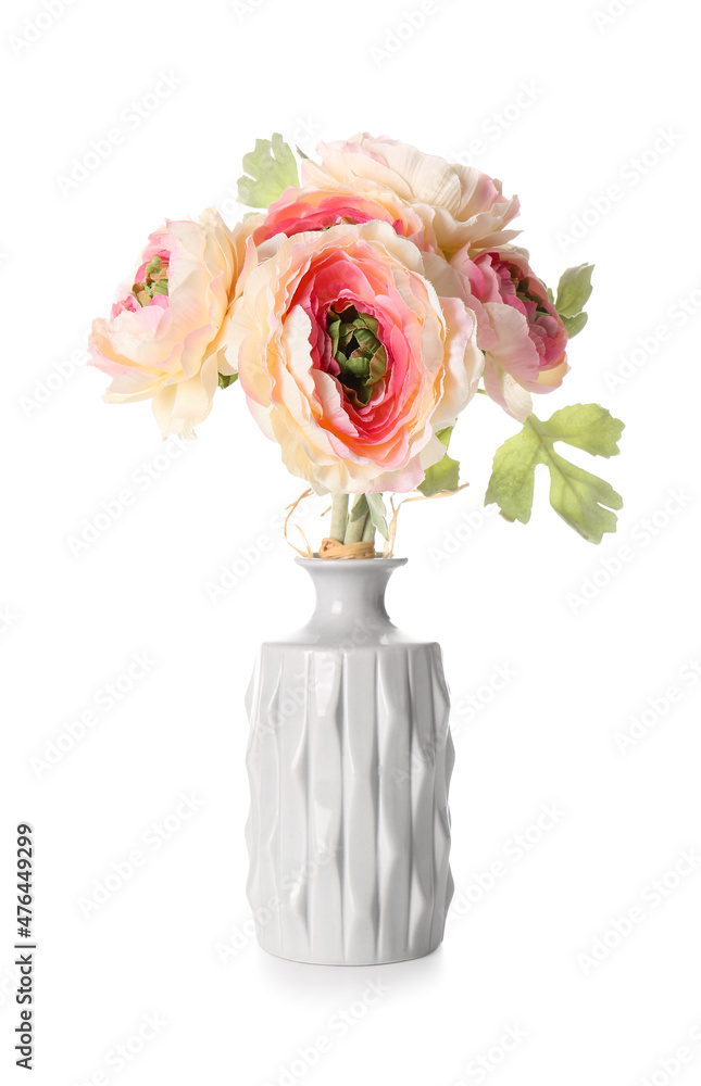 Obraz premium Vase with bouquet of peony flowers on white background