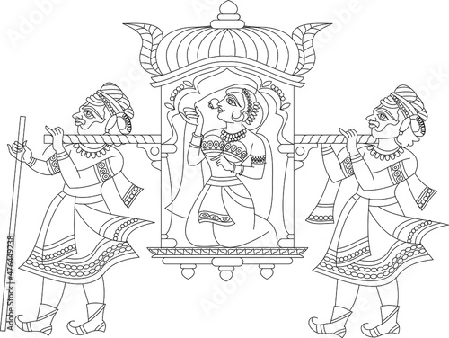 The bride is taken for the marriage ceremony, in 'Doli' or carrier. drawn in Indian folk art, Kalamkari style. for textile printing, logo, wallpaper
