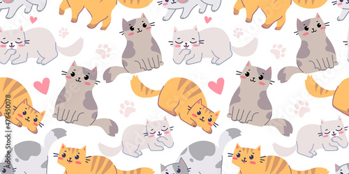 Canvas Print Vector seamless pattern with happy cute different cat character on white color background