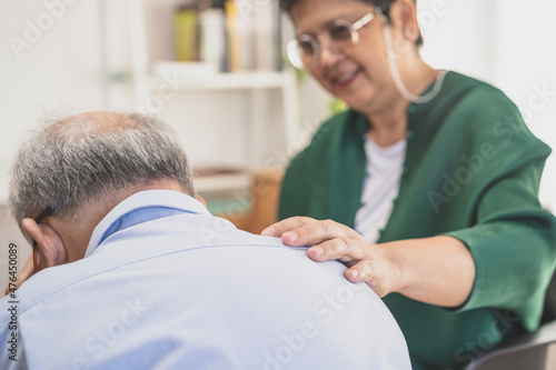 Psychology  depression people. Elderly asian adult man  men consulting with psychologist  psychiatrist while elderly  old patient counseling mental problem with doctor at clinic. Encouraging  therapy