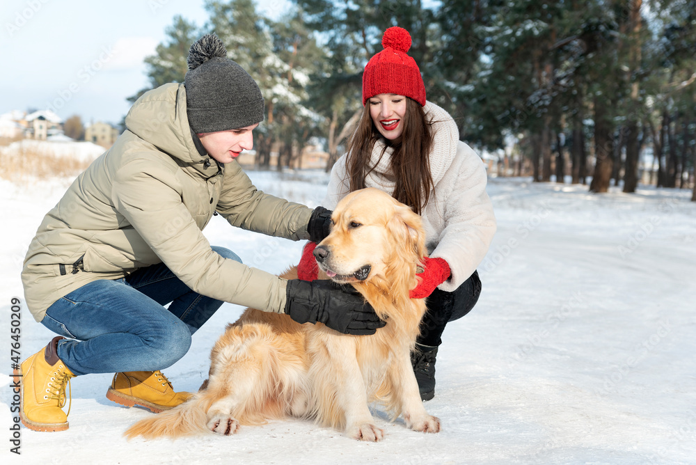 Portrait of happy young family with Golden retriever in winter forest. Walking with dog. Portrait of happy young family with Golden retriever in winter forest. Walking with dog.