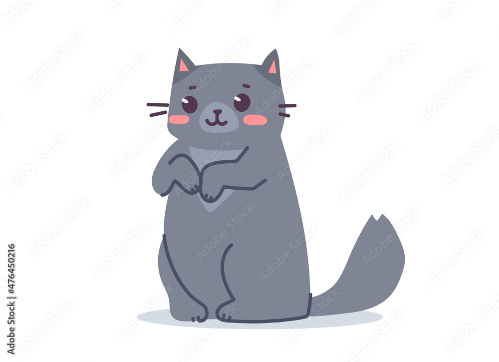 Vector illustration of happy cute gray cat character on white color background. Flat line art style design of standing animal cat Vector illustration of happy cute gray cat character on white color background. Flat line art style design of standing animal cat