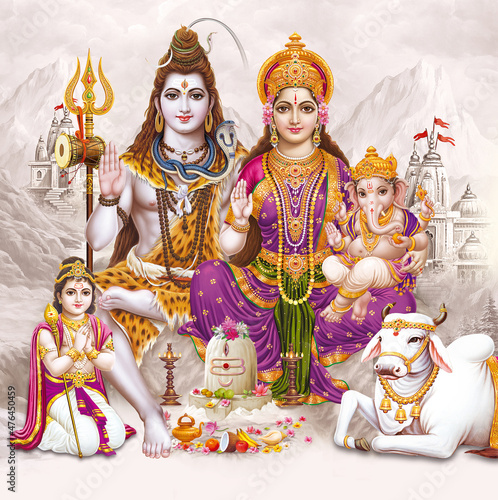 Fototapeta Lord Shiva with colorful background wallpaper , God Shiv Pariwar poster design f