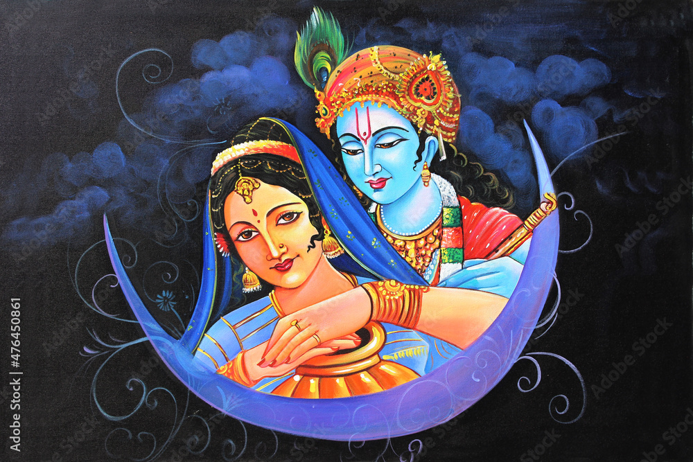 God Radha Krishna hindu religious decorative pattern canvas acrylic oil  painting. Textured Artwork Artistic 3D Wallpaper Stock Illustration | Adobe  Stock