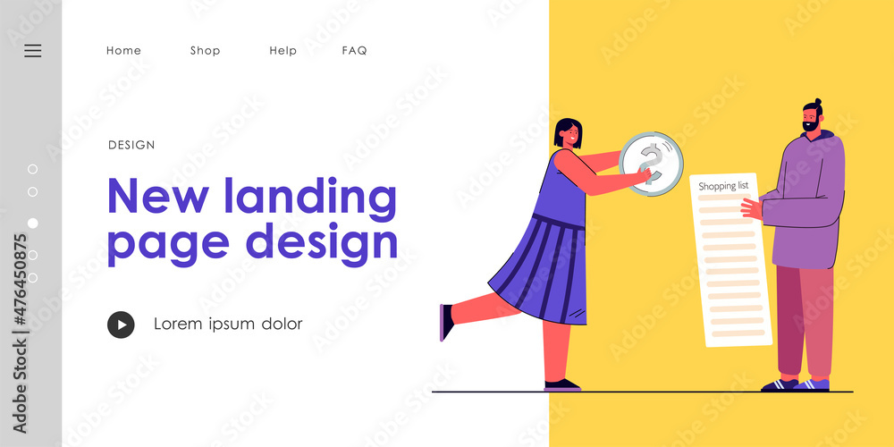 Man and woman going shopping vector illustration. Male character holding shopping list, female giving money to him. Holding dollar coin. Shopping concept for banner, website design or landing web page