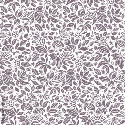 Abstract seamless pattern with cocoa beans and leaves. Chocolate background vector illustration. Vector Illustration.