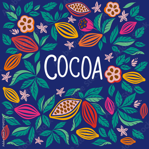 Cocoa beans with leaves. Drawn cocoa beans, tropical fruits, foliage. Organic desserts, aromatic drinks, natural chocolate. Vector graphic background.