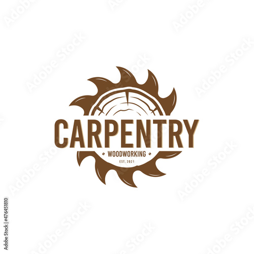 Vintage carpentry woodwork logo with saw blade and wood vector design template