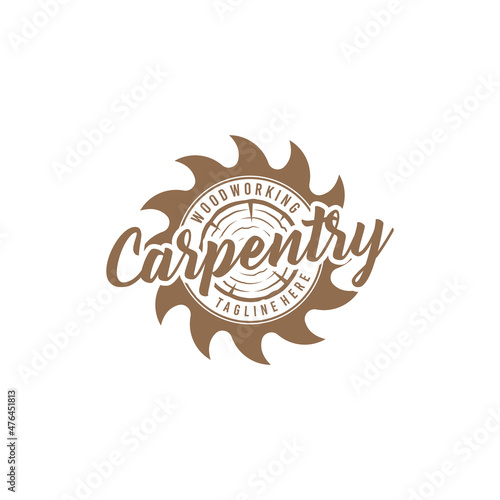 hand lettering carpentry woodwork logo with saw blade and wood vector design template