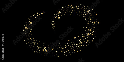 Confetti of shooting golden stars. Golden stars. Festive background, design cards, invitations. Abstract texture on a black background. Design element. Vector illustration, eps 10.