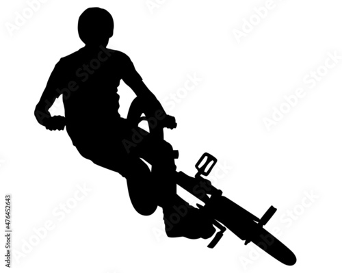 Young athlete on a bike for extreme stunts. Isolated silhouette on a white background