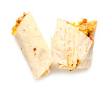 Tasty Mexican burritos with vegetables on white background