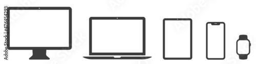 Device icons set. Smartphone, tablet, laptop, desktop computer symbol. Flat style icon - stock vector.