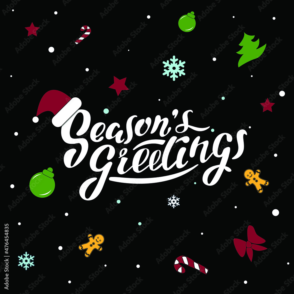 Season's greetings, vector hand lettering. White letters with colored Christmas patterns on the black background. Vector illustration style calligraphy. Typography winter holidays. Christmas.