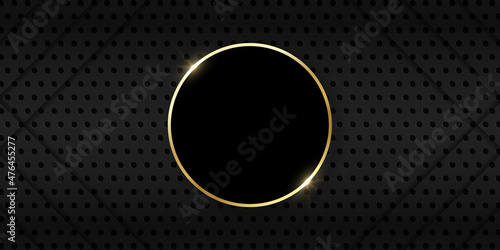 Black Metal Background with Circles. Perforated Pattern with Gold Ring. Golden Shiny Circle on Dark Sheet Metal Meshed Background. Grid Pattern. Abstract Modern Design. Vector Illustration
