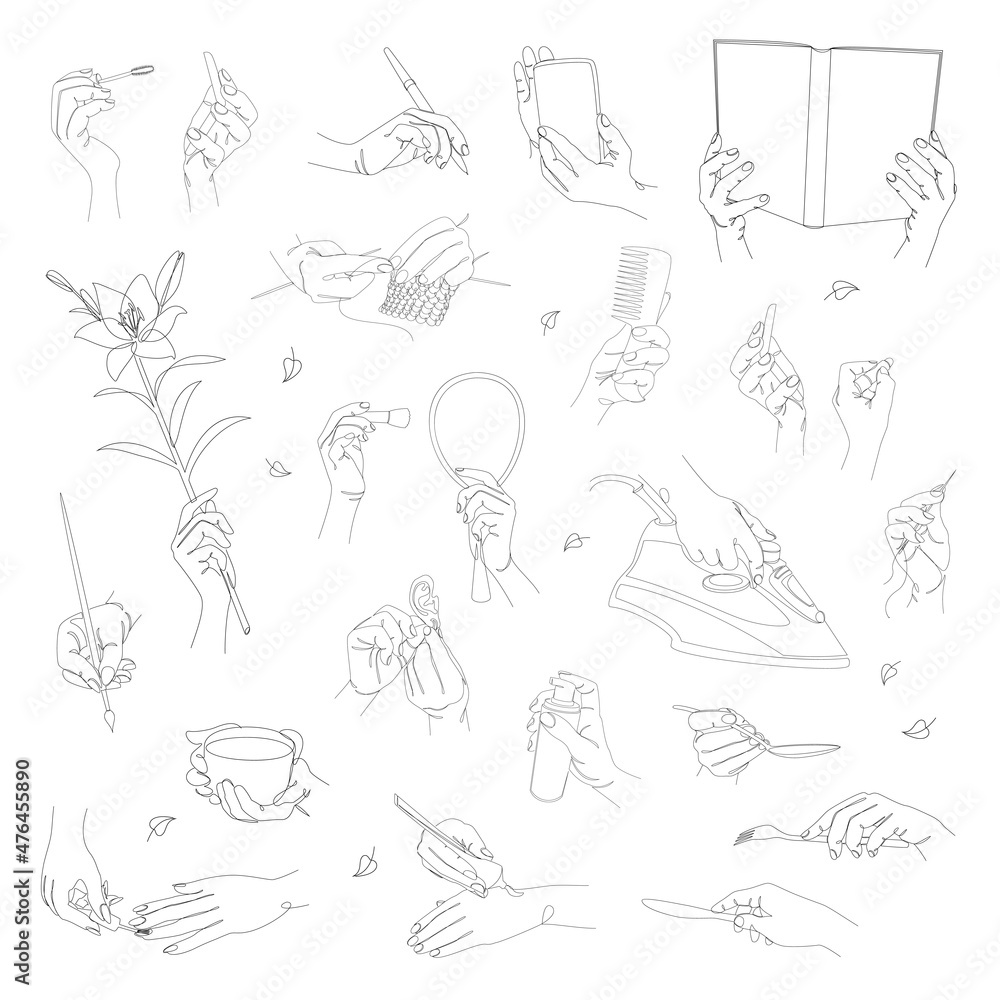 Collection. Silhouettes of hands in a person's life: with a phone, a cup, a pen in a modern one line style. Solid line, outline for decor, posters, wall art, stickers, logo. Set of vector illustration