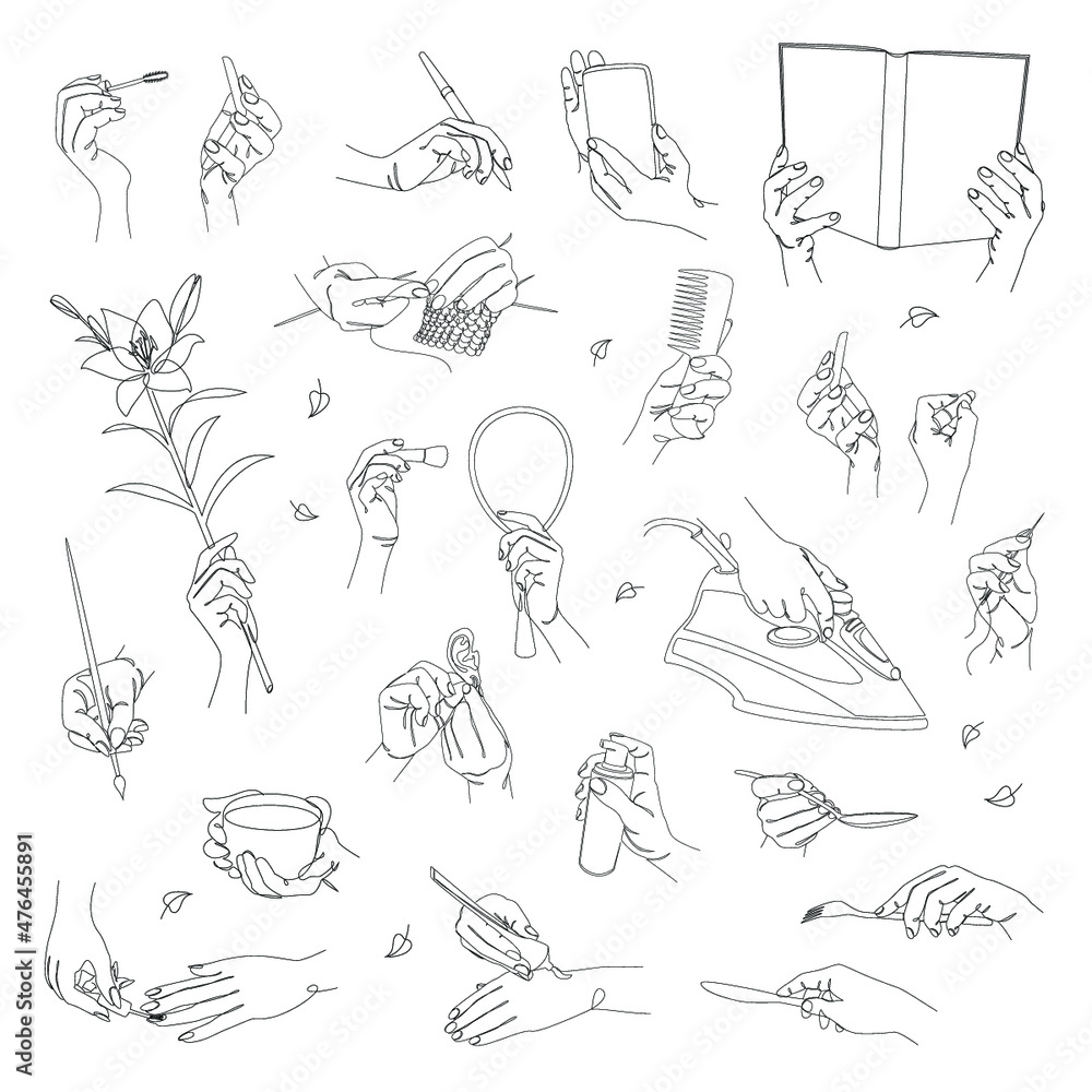Collection. Silhouettes of hands in a person's life: with a phone, a cup, a pen in a modern one line style. Solid line, outline for decor, posters, wall art, stickers, logo. Set of vector illustration