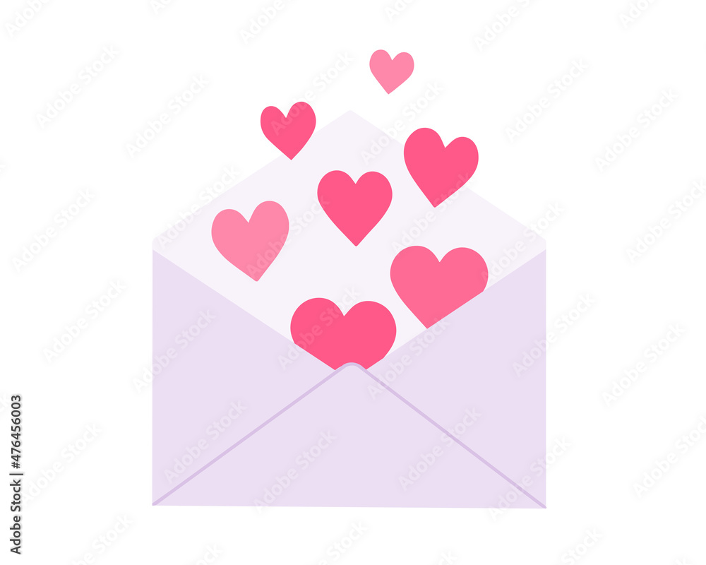 Lilac envelope with hearts. Symbol of Valentine's Day. Design element