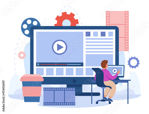 Content creator editing video footage in studio. Editor publishing viral video on social media, multimedia production flat vector illustration. Motion design concept for banner or landing web page