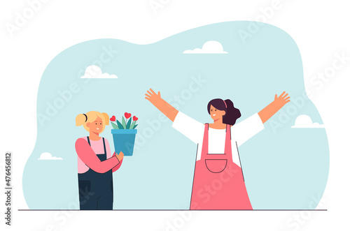 Daughter giving plant with hearts in pot to mother. Care and help from girl to woman flat vector illustration. Family support, relationship, love concept for banner, website design or landing web page