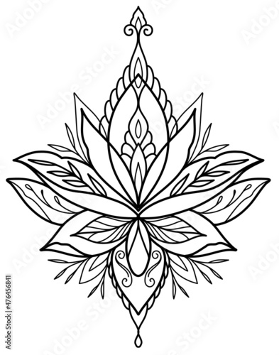 Oriental Indian mandala lotus flower outline for henna paisley design vector