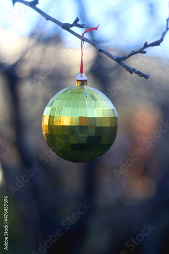 Shiny golden Christmas ornament on a bare tree in a garden. Selective focus.