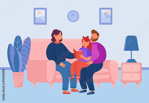 Cartoon daughter reading book with mother and father on sofa. Child and adults reading book together flat vector illustration. Family, parenting concept for banner, website design or landing web page