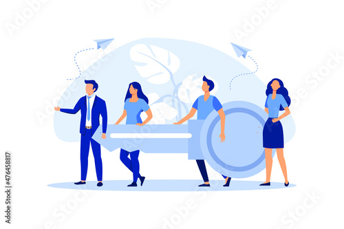 concept of teamwork. Businessman and entrepreneur go to the door with a key vector flat modern design illustration