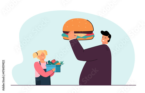 Menu comparison of man with burger and girl with vegetables. Difficult choice of tiny people flat vector illustration. Unhealthy vs healthy food concept for banner, website design or landing web page