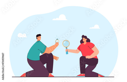 Man on knee proposing wedding ring to woman. Girl looking through magnifying glass on gem flat vector illustration. Marriage proposal, contract concept for banner, website design or landing web page