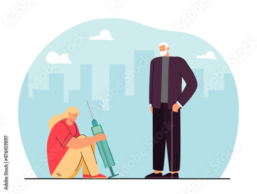 Old father standing near drug addict daughter with syringe. Addicted depressed girl in need help flat vector illustration. Addiction, abuse concept for banner, website design or landing web page