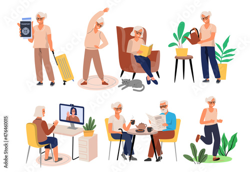 Elderly people read book, go for sports, drink tea vector. Senior man and woman