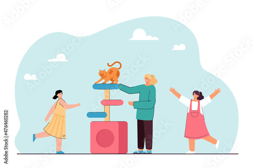 Happy family people playing with scratching post and cat house. Kitten climbing on top of tower flat vector illustration. Toy from pet store concept for banner, website design or landing web page