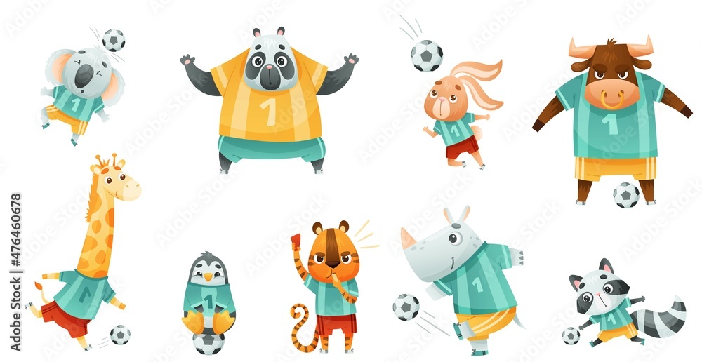 Team of wild animals playing soccer. Cute rhinoceros, penguin, rabbit,  ball, tiger, koala football mascots in sports uniform cartoon vector  illustration Stock Vector | Adobe Stock
