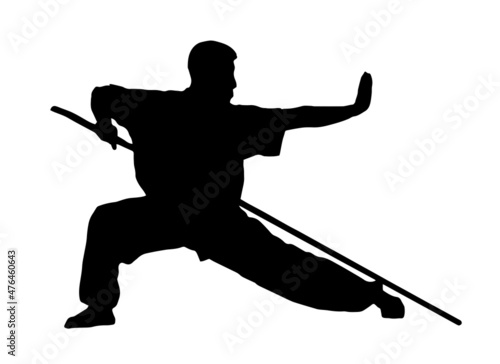 Silhouette of a man showing wushu, kung fu, aikido. Sign, icon. Vector image