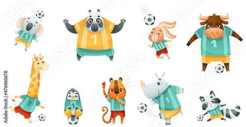 Team of wild animals playing soccer. Cute rhinoceros, penguin, rabbit, ball, tiger, koala football mascots in sports uniform cartoon vector illustration © Happypictures