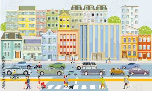 Stadt mit Fußgänger und Straßenverkehr, Illustration