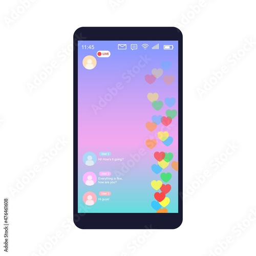 Mockup of mobile app with like live streaming. Interface photo frame design social media application network post template with flying multicolored hearts. Vector illustration for video chat, ui, web