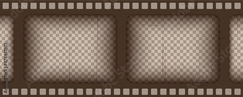 Old brown cinematic frame on a transparent background. Scratched vintage video or photo tape. 3d realistic screen in retro style with grunge pattern. Antique slide template. Vector card illustration