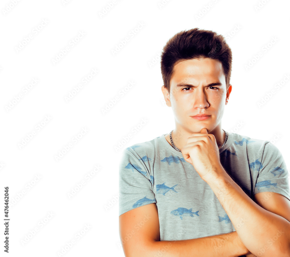 young attractive man isolated thinking emotional on white close up gesturing smiling, lifestyle people concept young attractive man isolated thinking emotional on white close up gesturing smiling, lifestyle people concept