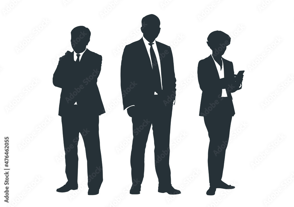 Business people group gray silhouettes pose on white background, flat line vector and illustration. Business people group gray silhouettes pose on white background, flat line vector and illustration.