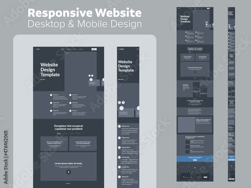 Website design. Responsive desktop and mobile wireframe. Landing page template.