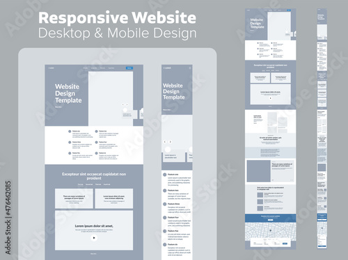 Website design. Responsive desktop and mobile wireframe. Landing page template.