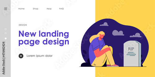Girl mourning loss of loved one. Flat vector illustration. Cartoon woman sitting by gravestone in darkness and crying. Loss, grief, pain, death concept for banner design or landing page