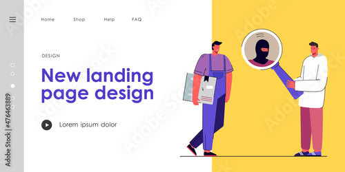Man suspecting deliveryman in crime. Male character looking at courier suspiciously. Deliveryman holding cardboard box. Suspicion concept for banner, website design or landing web page