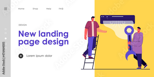 Men repairing air conditioning system. Two male characters fixing broken conditioner, holding wrench, standing on ladder, communicating. Repairman concept for banner, website or landing page